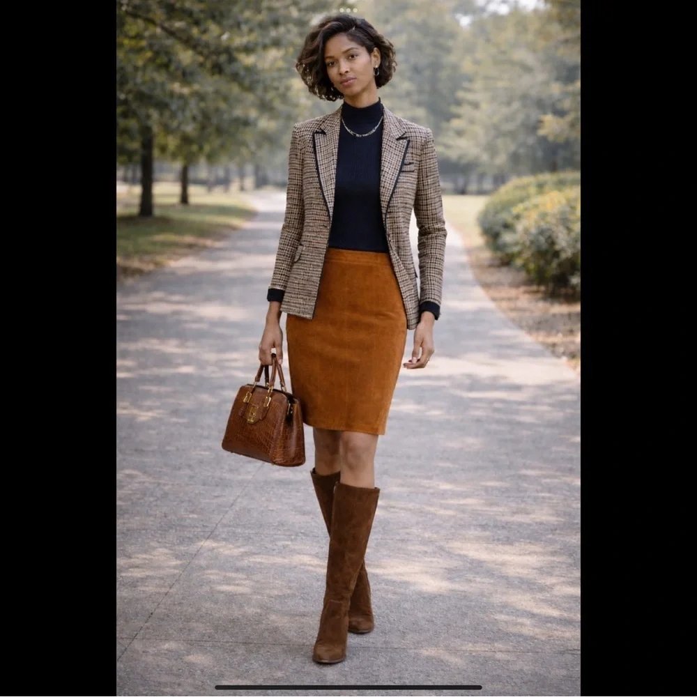 True vintage suede—real leather with clean tailoring an earlier designer era.